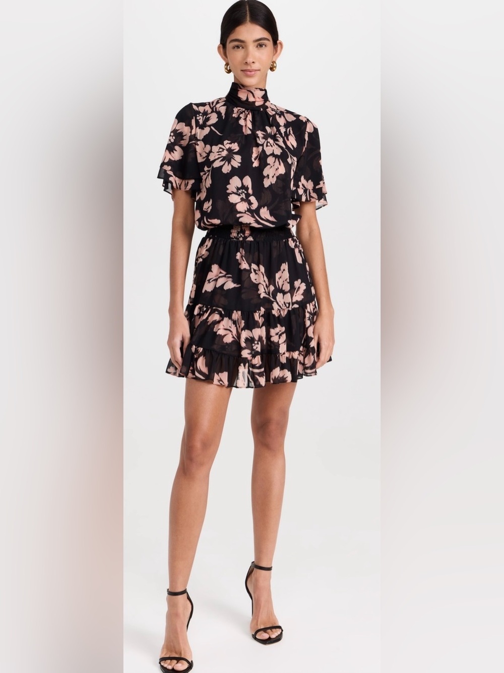 MISA Saffie Dress Auric Flora Floral Chiffon Mini Dress Black Pink Size Medium